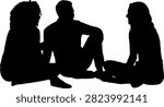 Three people sitting and talking together in a relaxed group discussion isolated on transparent background, Vector
