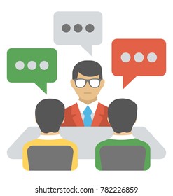 Three people sitting together on a desk with speech bubble flat icon