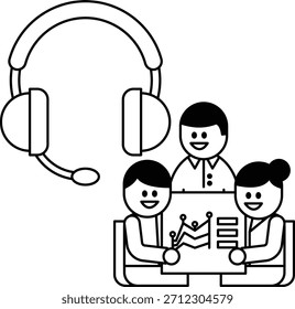 Drei Leute sitzen zusammen und lächeln. Ein Headset befindet sich im Hintergrund. Konzept der Zusammenarbeit und Zusammenarbeit