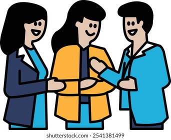 Tres personas están sonriendo y dándose la mano. Concepto de camaradería y trabajo en equipo