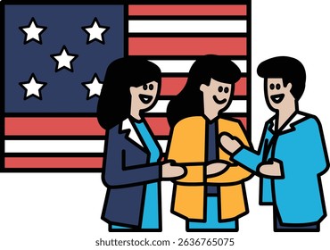 Three people are smiling and shaking hands in front of an American flag. Concept of unity and friendship among the people