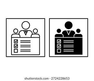 Three people standing behind a desk with a checklist and two versions in black and white checklist with checkmarks