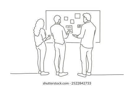 Three people standing in front of a white board. One of them is holding a cup. The board has a lot of writing on it. Hand drawn vector illustration. Black and white.