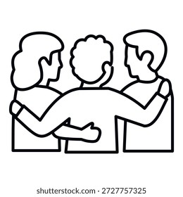 Three people standing in a group hug, showing unity and mutual support