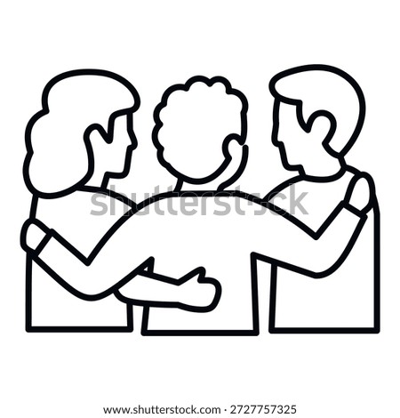 Three people standing in a group hug, showing unity and mutual support