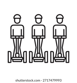 Tres personas de pie en scooters de auto equilibrio en una disposición lineal