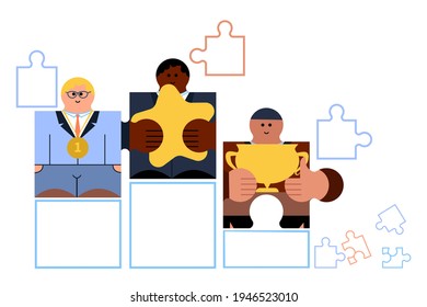 Three people are standing on the winner podium with star, cup, medal. People -puzzle details. Success concept. Business evaluation, satisfaction concept. Cubism, geometric, minimal style vector 