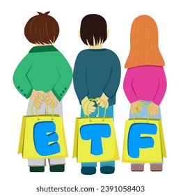 Three people standing with their backs turned Everyone carries a bag with the message ETF.(Exchange Traded Fund)  Concept Entering the Digital Money Fund.