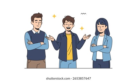 Three people standing together expressing positive emotions and sharing ideas with each other creating a collaborative atmosphere