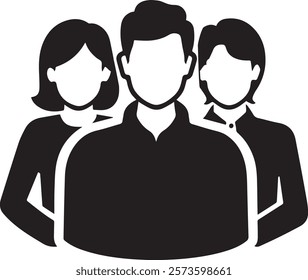 Three people are standing together in a group. The man is wearing a shirt and the woman is wearing a dress. people group icon isolated