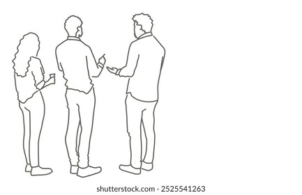 Three people standing together. Scene is casual and friendly, as the people are engaged in conversation. Hand drawn vector illustration. Black and white.