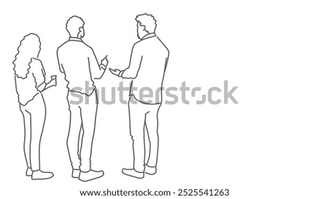 Three people standing together. Scene is casual and friendly, as the people are engaged in conversation. Hand drawn vector illustration. Black and white.