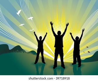 three people at sunrise