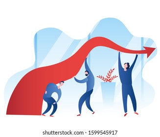 Three people support the falling sales arrow. Illustration on the topic of crisis management.