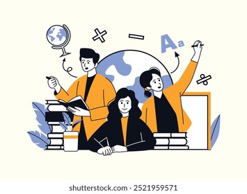 Three people are surrounded by educational symbols, including a globe, books, and math signs. One is writing on a board, another is reading, and the third is holding a pen. This image represents a col