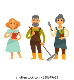 Three people with tools for working in garden