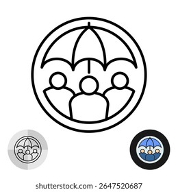 Three people under one umbrella insurance theme logo icon. Outline style round badge with team connected in protect circumstances. Editable stroke.