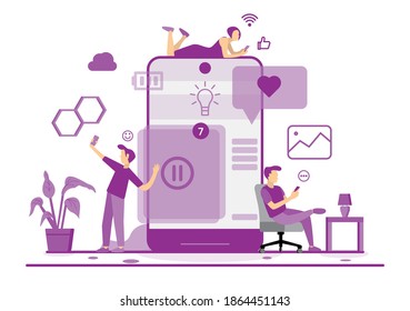tres personas están usando smartphones en un smartphone gigante. Ilustración vectorial de dibujos animados planos.