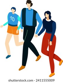 Three people walking casually, two men and one woman, in colorful casual clothes. Group walk, diverse friends, leisure time vector illustration.