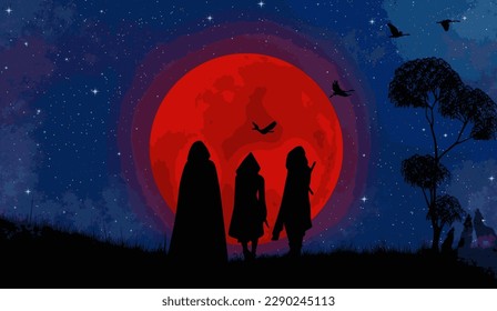 Three people walking into the night