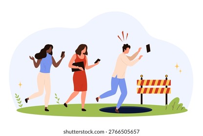Three people walking while using smartphones, one falling into a hole, highlighting risks of phone addiction and lack of awareness in daily life isolated vector illustration