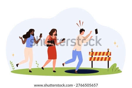 Three people walking while using smartphones, one falling into a hole, highlighting risks of phone addiction and lack of awareness in daily life isolated vector illustration