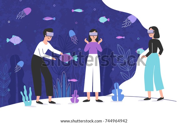 三個人戴著虛擬現實眼鏡 站在充滿異國情調的魚的巨型水族館裡 享受vr 耳機效果的男女卡通人物 彩色向量插圖 庫存向量圖