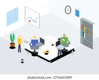Três pessoas trabalham juntas em um espaço de escritório moderno com computadores, plantas e gráficos de parede em segundo plano durante um dia de trabalho típico
