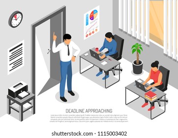 Three people working in office before deadline 3d isometric vector illustration