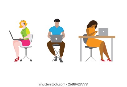 Três pessoas estão trabalhando em laptops, cada uma sentada em locais diferentes, contra um pano de fundo branco, transmitindo um ambiente de trabalho moderno e remoto.