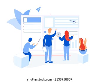 Three People Are Working On A Solution To The Same Problem. Collaboration In The Office. Building A Trading Chart. Modern Poster With People. Infographic Interface.