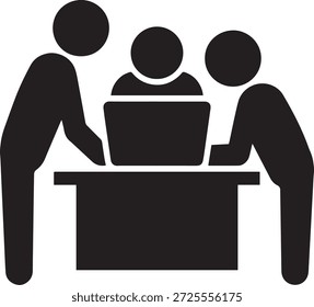 Três pessoas trabalhando juntas no ícone do laptop. Colaboração em equipe de escritório e silhueta vetorial de resolução de problemas. Colegas discutindo projeto na mesa.