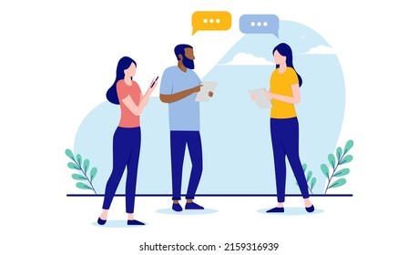 Three People Working - Vector Characters At Work Discussing And Talking. Abstract Office Workers Concept, Flat Design With White Background