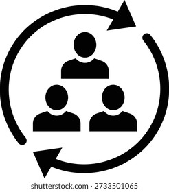 Three person in a circular flow with arrows representing connection people