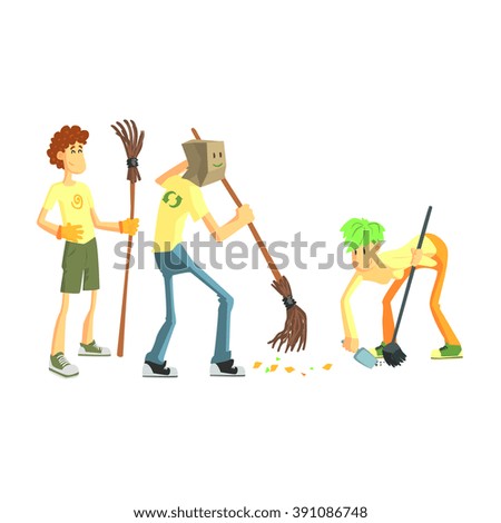 Three Person Collecting Garbage Cute Cartoon Style Flat Vector Illustration On White Background