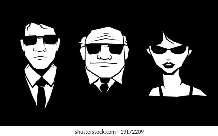 Three person in glasses and suit. Vector.