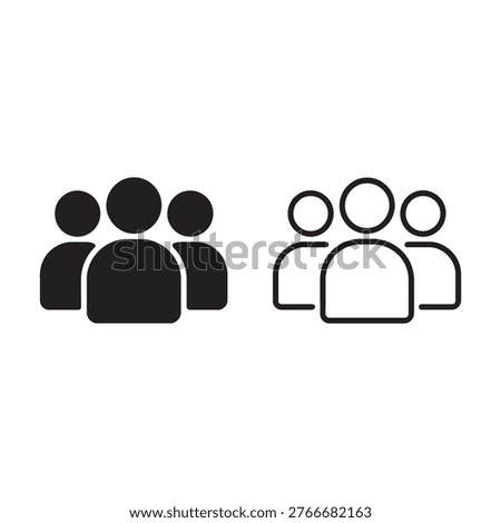 Three person group icon set solid and outline black white options team chat symbol vector illustration.