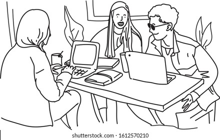 three person millenials working together hangout in a cafe, line art style, black and white, monochrome, illustration, hand drawn, doodle concept, artwork editorial
