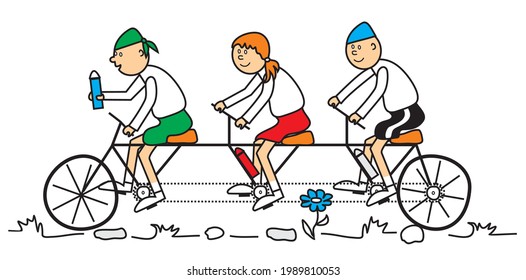 three person riding bicycle, humorous vector illustration