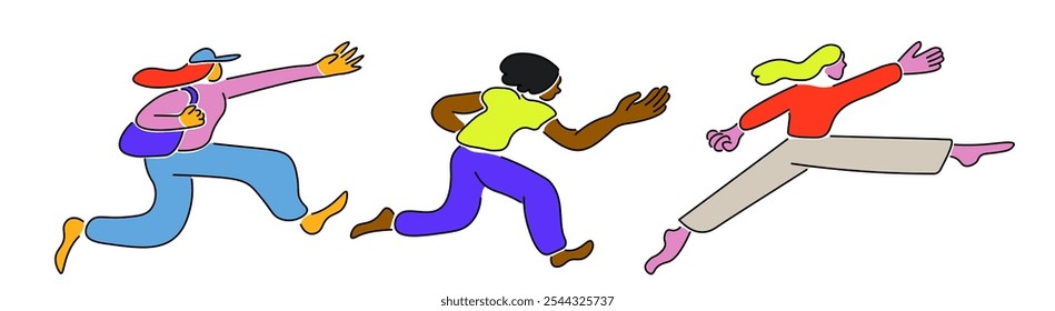 three person running in flat style in vector. Illustration for banner sticker poster print