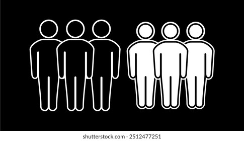 Three person symbol, group of people, community member icon, squad icon. Friends, people, flat icon. Set of linear icons of user, social icon, corporate team, employee or client. Vector illustration