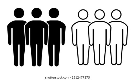 Three person symbol, group of people, community member icon, squad icon. Friends, people, flat icon. Set of linear icons of user, social icon, corporate team, employee or client. Vector illustration