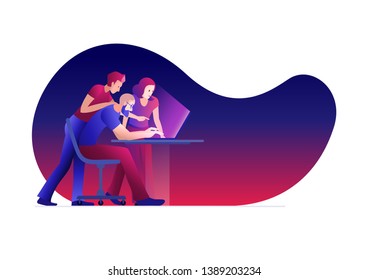 Three person working on a project. Vector concept illustration.