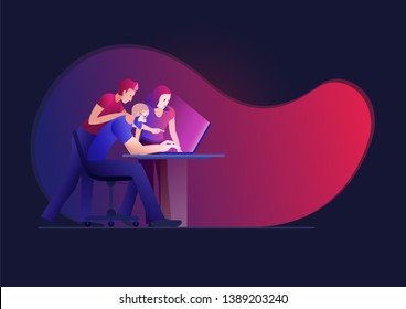 Three person working on a project. Vector concept illustration.