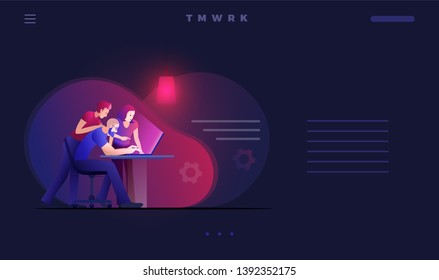 Three person working on a project. Web site design template. Vector concept illustration.
