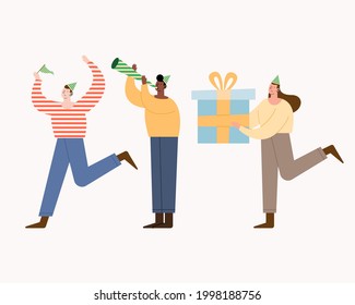 three persons celebrating birthday characters