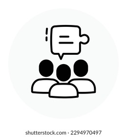 Three persons with a chat bubble. Group chat. Team conversation. Collaborative chat. Three-person chat. Vector icon with editable stroke.