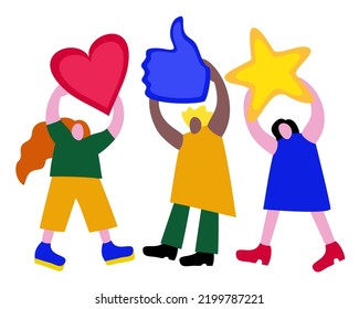 Three persons holding heart, like and star sign. Vector bright isolated illustration. Votes of judges. Feedback.