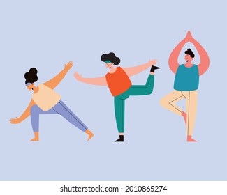 three persons practicing sports characters