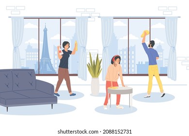 three persons remodeling house characters
